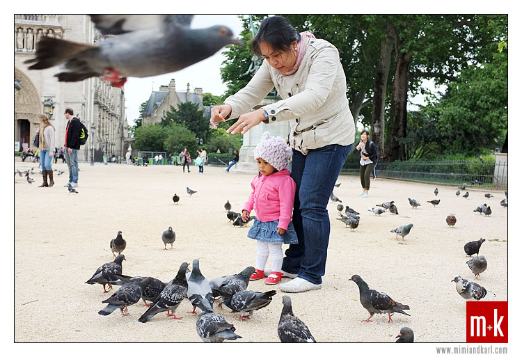 Katy feeding the birds at Notre Dame, Paris, France Notre Dame, Paris, France
